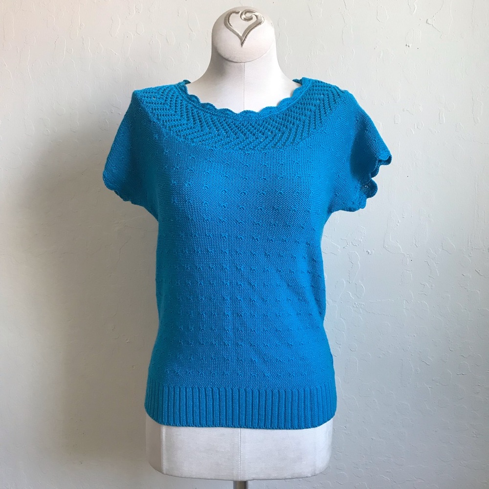 Jorda Teal Blue Bohemian Knitted Short Sleeve Sweater Baby Tee Turquoise XS